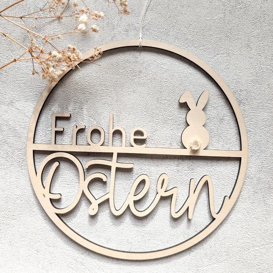 Holzkranz "Frohe Ostern" mit Häschen & Blume