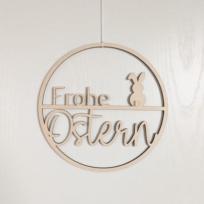 Holzkranz "Frohe Ostern" mit Häschen & Blume